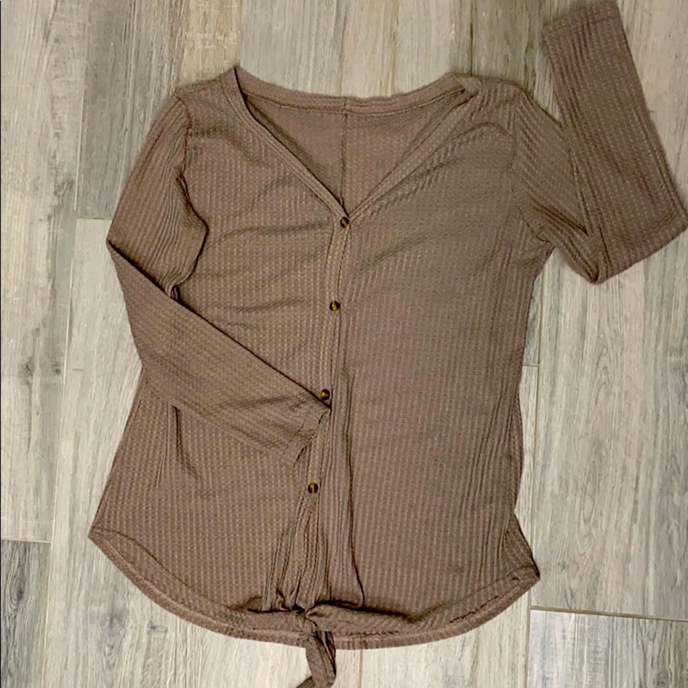 Waffle-weave button-down sweater w tie detail
